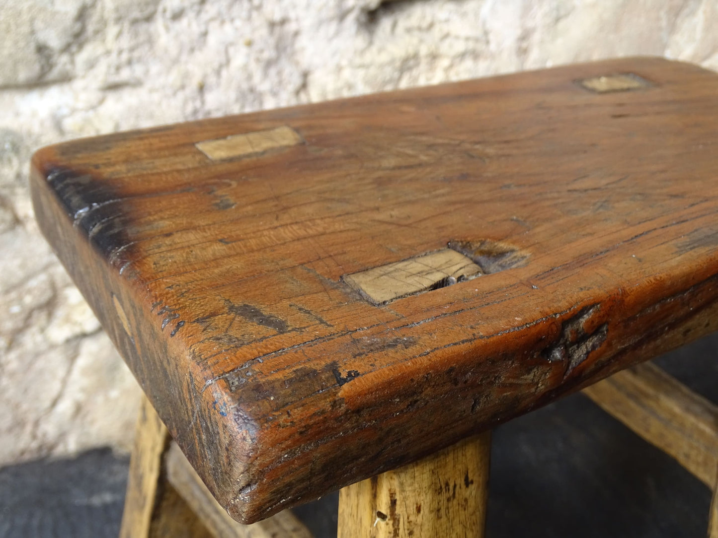 Small French Antique Wooden Stool 10.6"