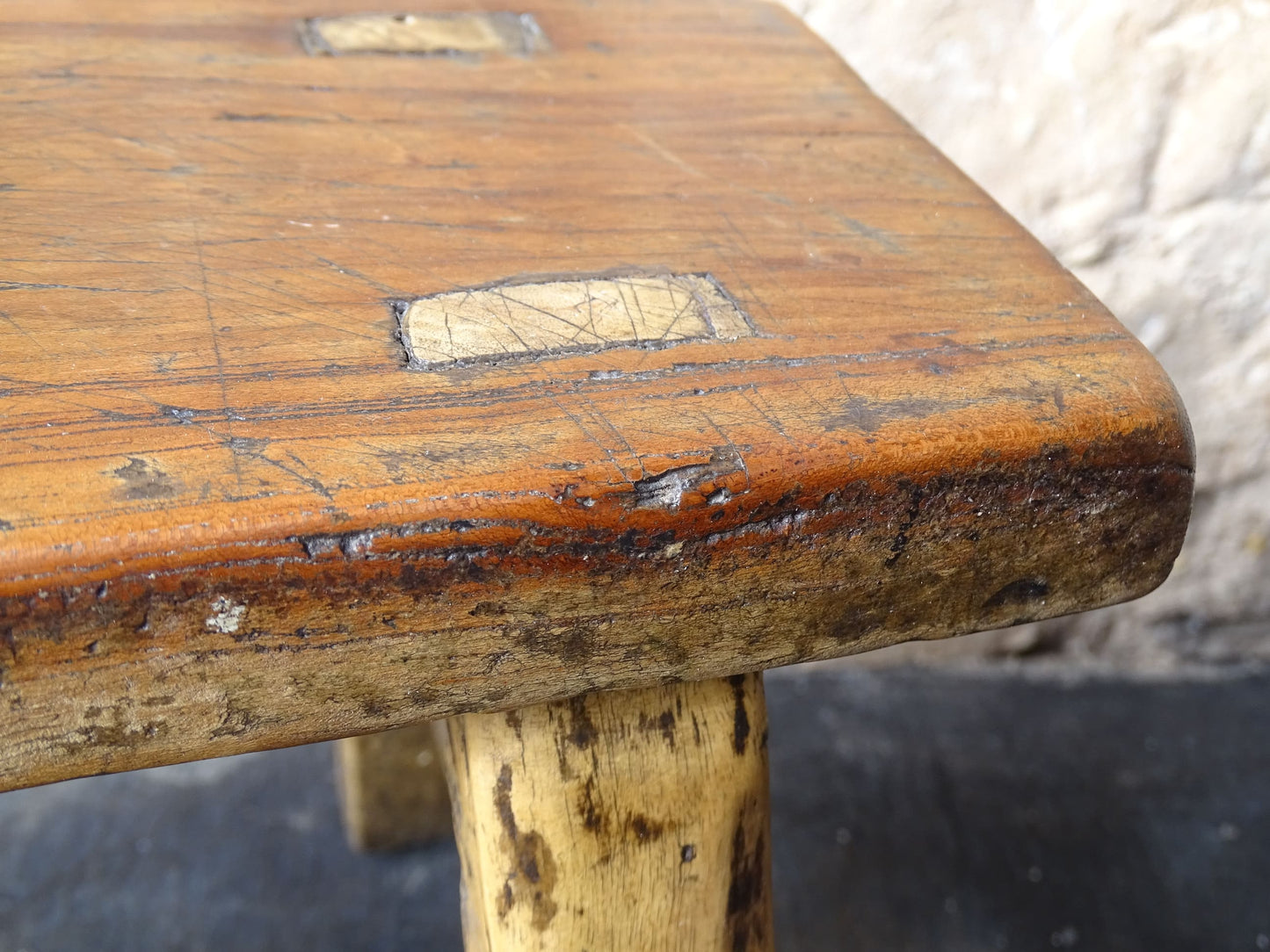 Small French antique wooden stool with patina