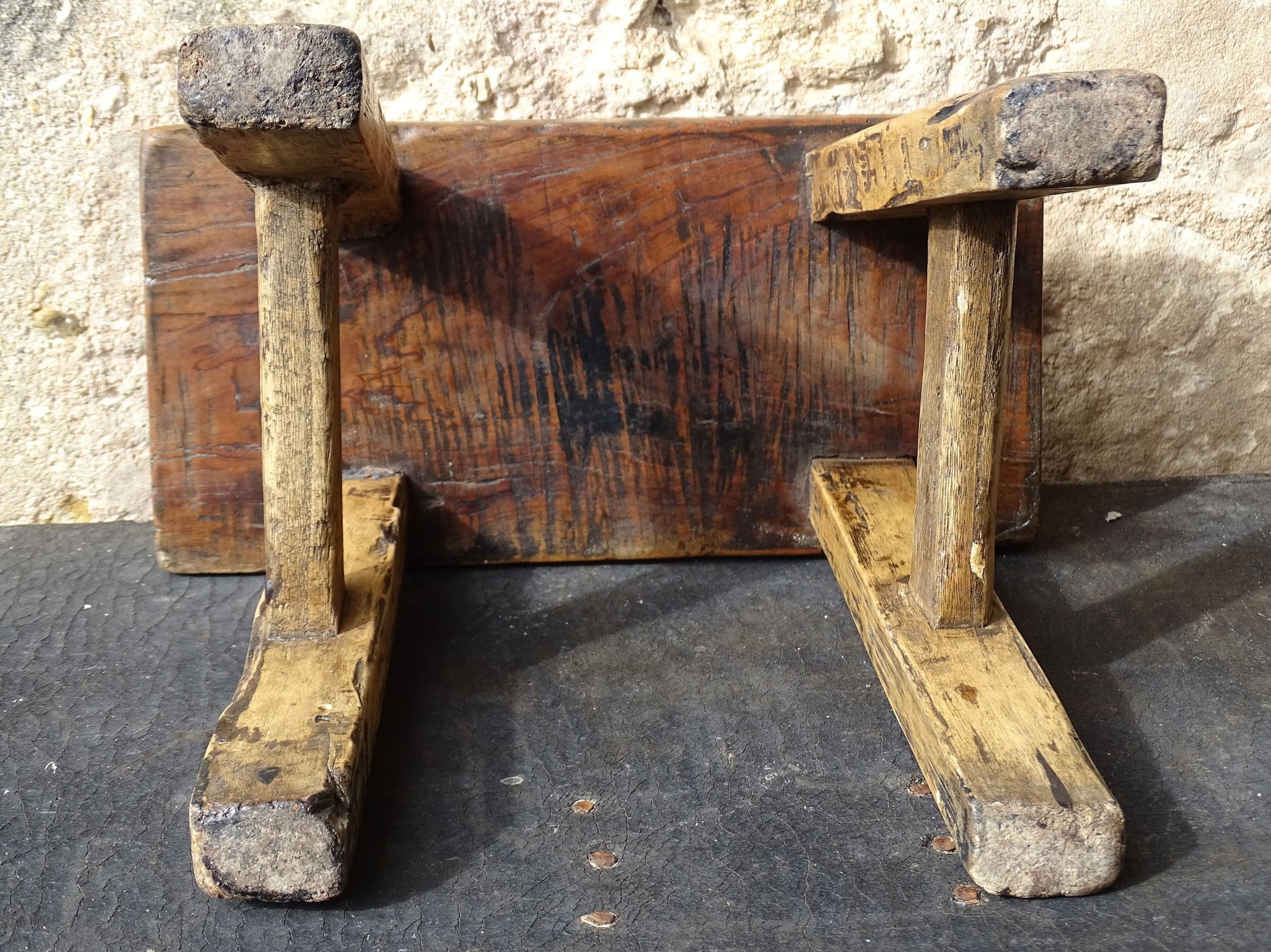 Small French antique wooden stool with patina