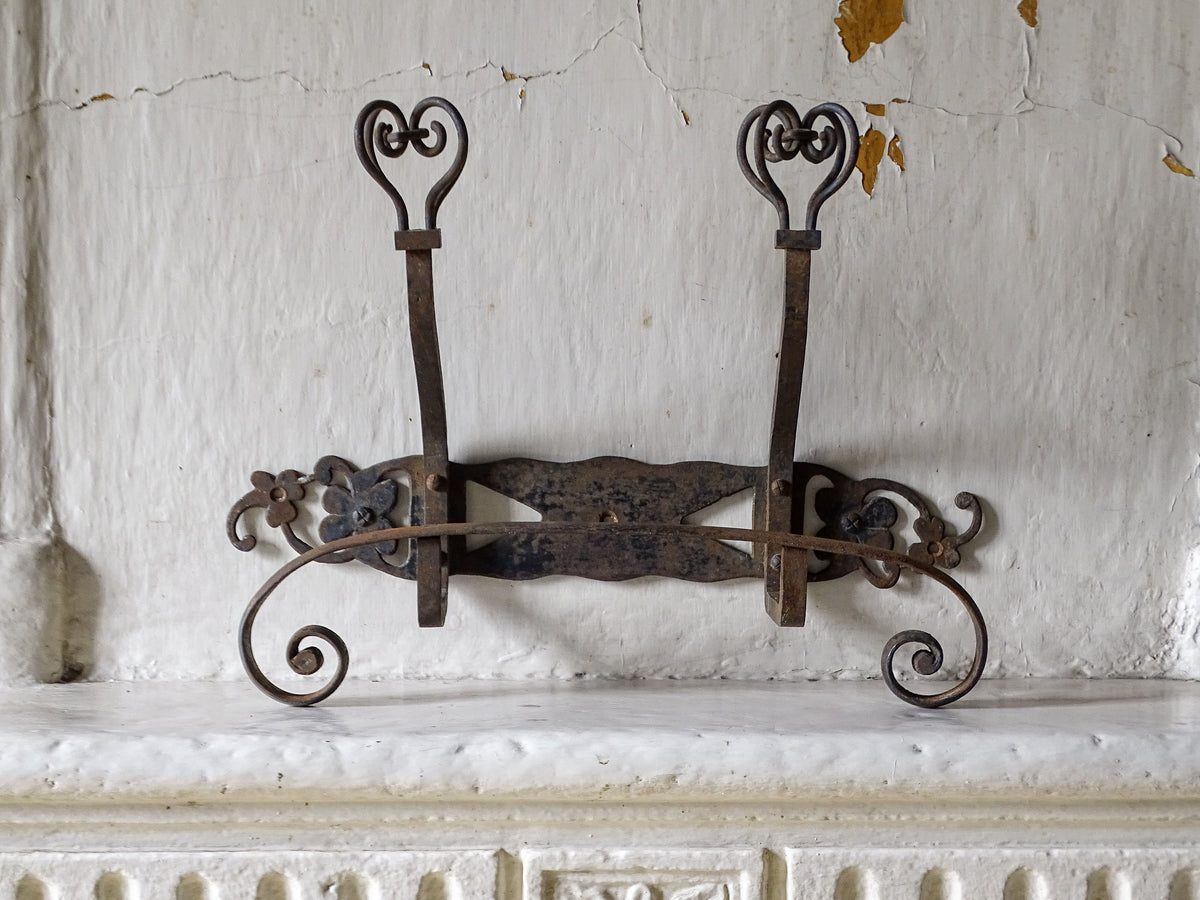 French vintage wrought iron coat hooks or porte manteau with scrollwork and floral detailing