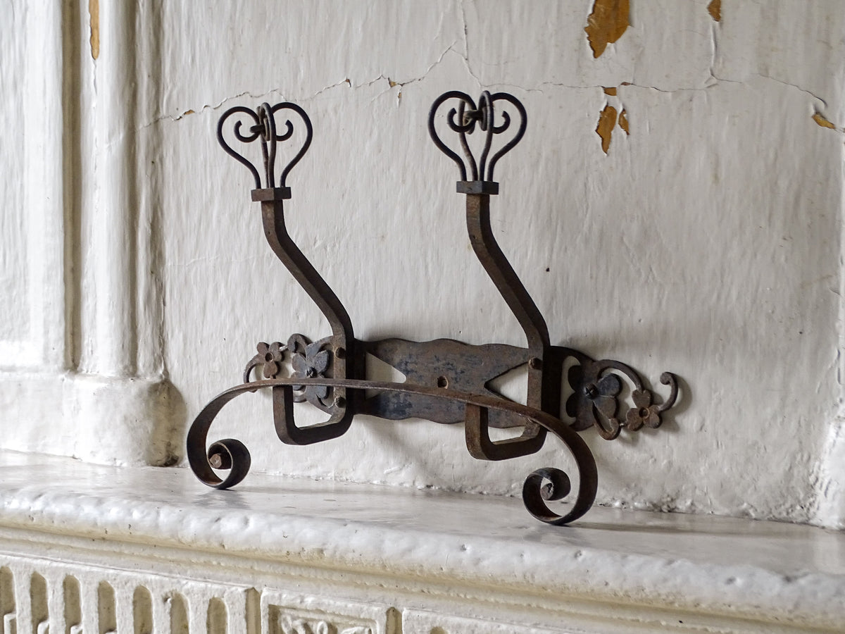 French vintage wrought iron porte manteau or coat hooks with scrolling details and flowers