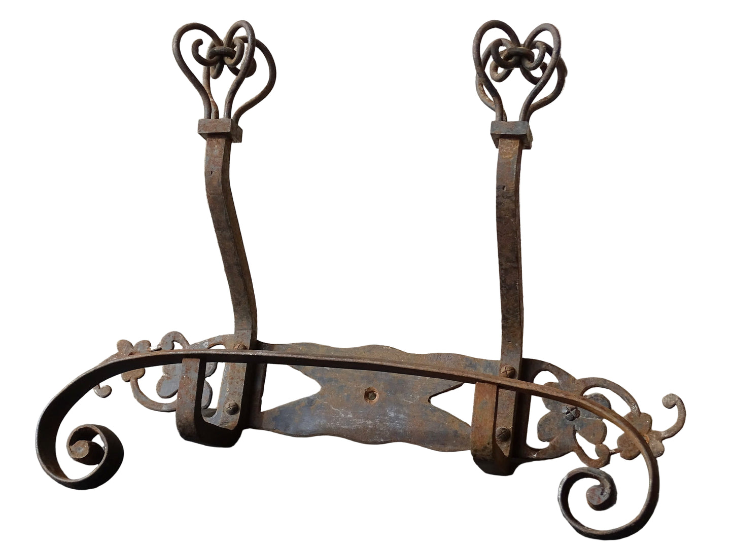 French vintage wrought iron coat hooks with crown finials. Hand forged iron porte manteau.