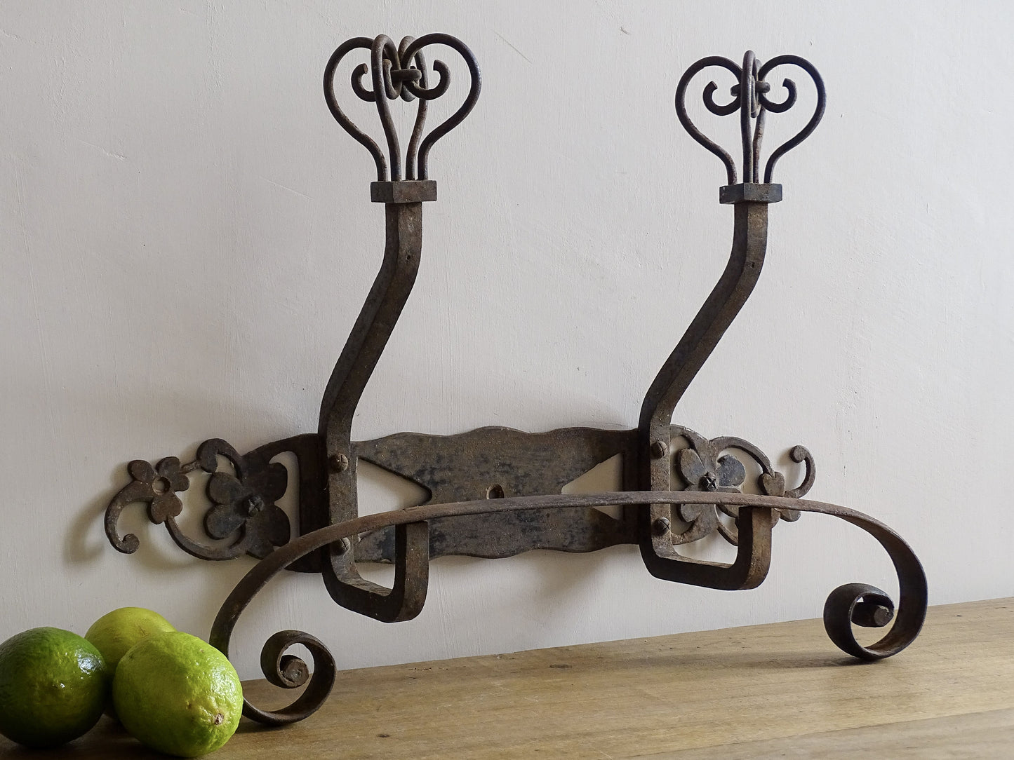 French vintage wrought iron coat hooks with crown finials. Hand forged iron porte manteau.