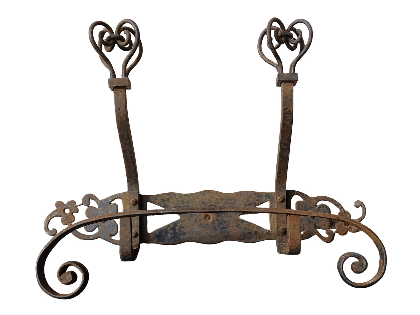 French vintage wrought iron coat hooks with crown finials. Hand forged iron porte manteau.