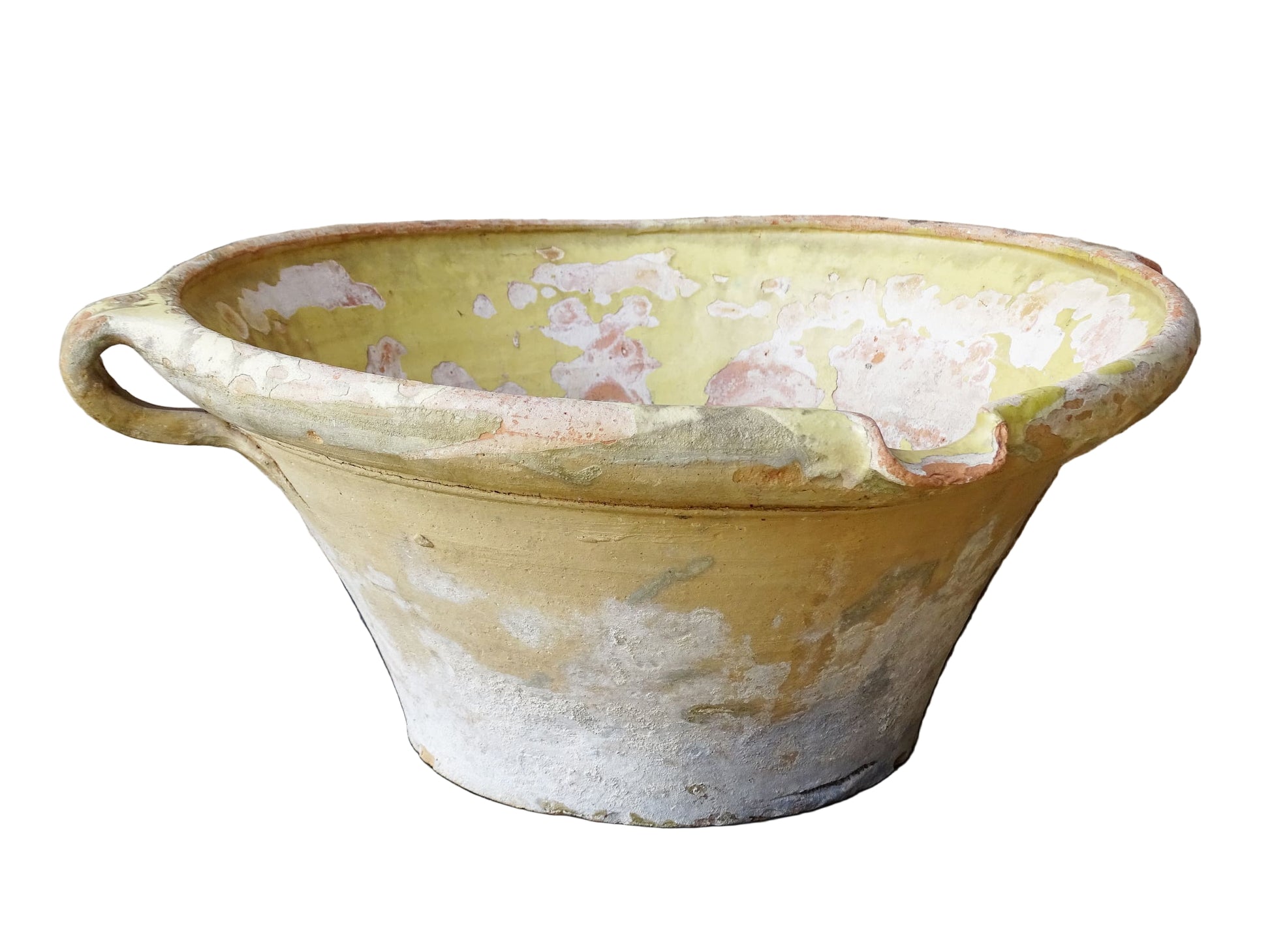 French antique tian bowl with a yellow glazed interior. Old terracotta confit bowl from the 19th century.