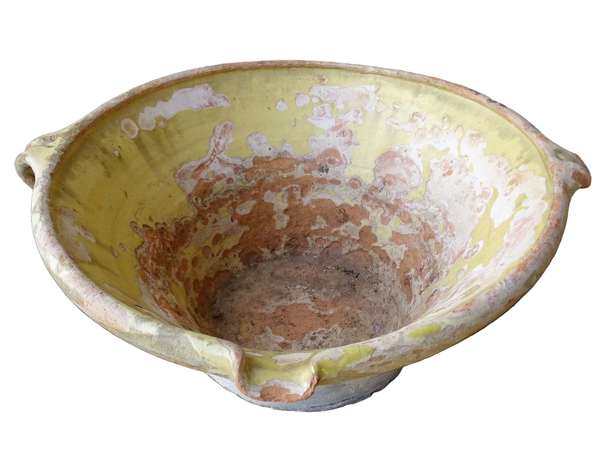 French antique tian bowl with a yellow glazed interior. Old terracotta confit bowl from the 19th century.