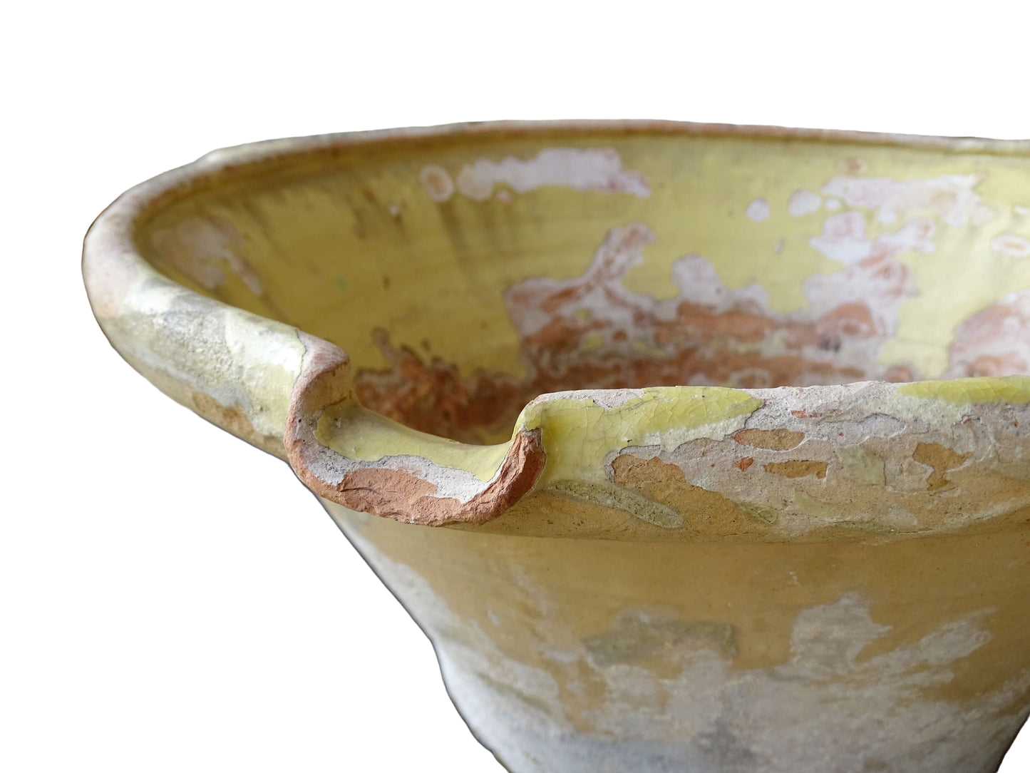 French antique tian bowl with a yellow glazed interior. Old terracotta confit bowl from the 19th century.