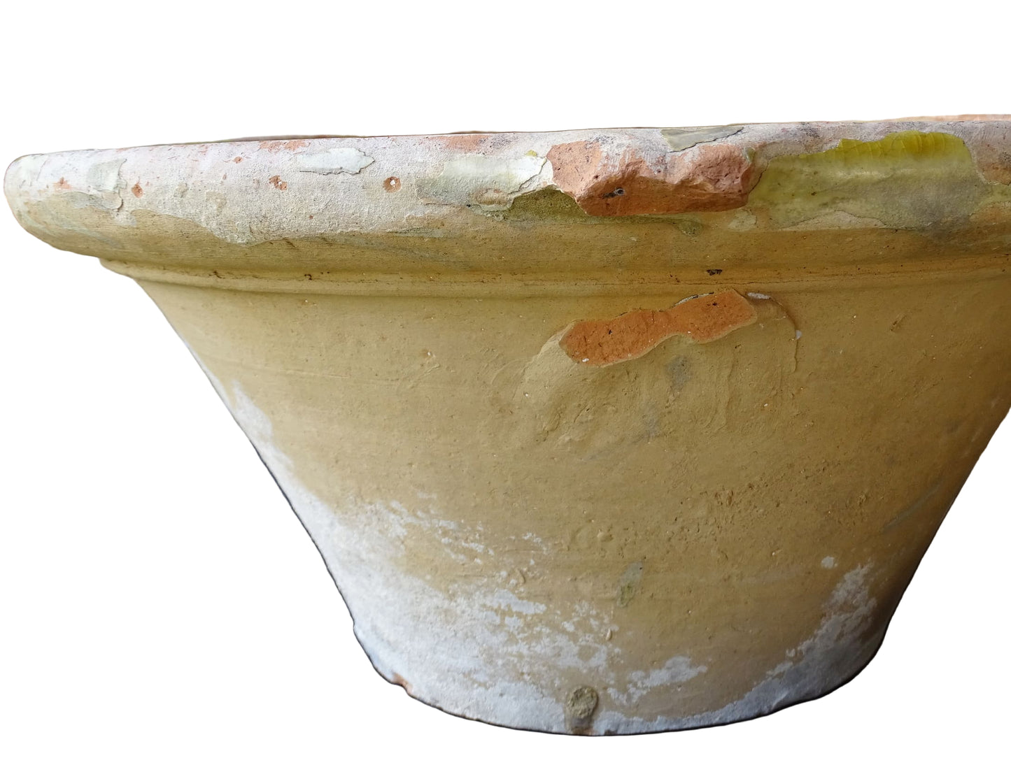 French antique tian bowl with a yellow glazed interior. Old terracotta confit bowl from the 19th century.