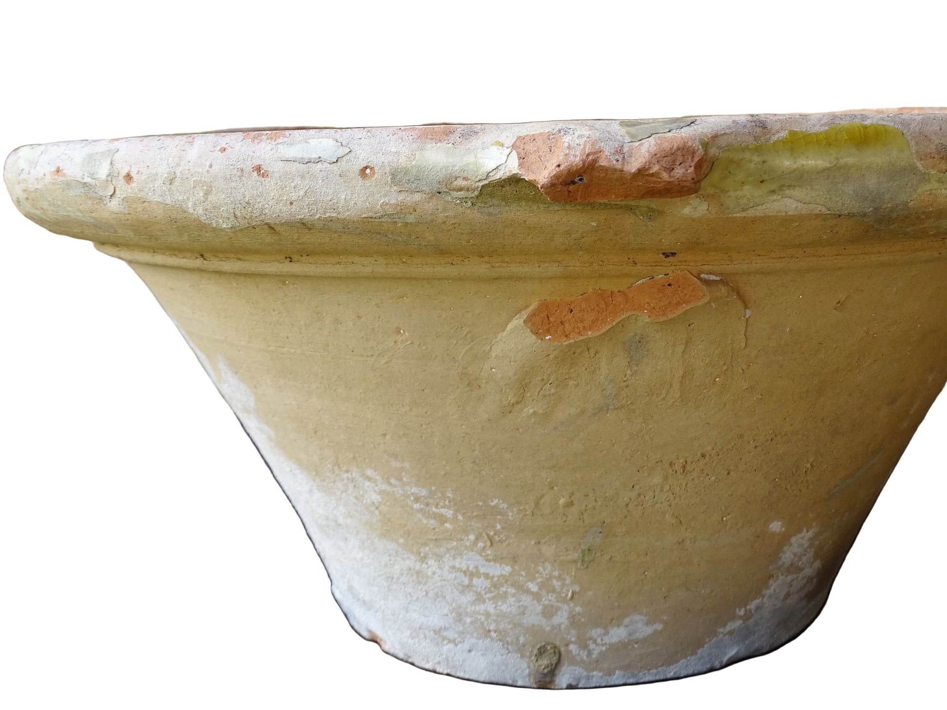 French antique tian bowl with a yellow glazed interior. Old terracotta confit bowl from the 19th century.
