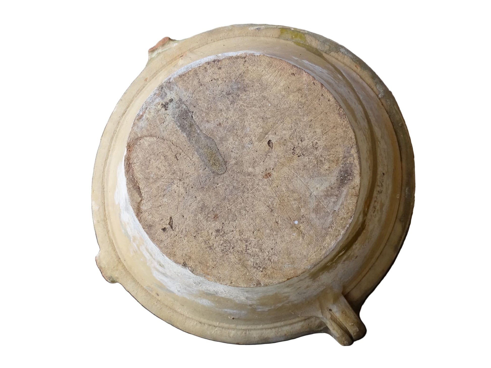 French antique tian bowl with a yellow glazed interior. Old terracotta confit bowl from the 19th century.