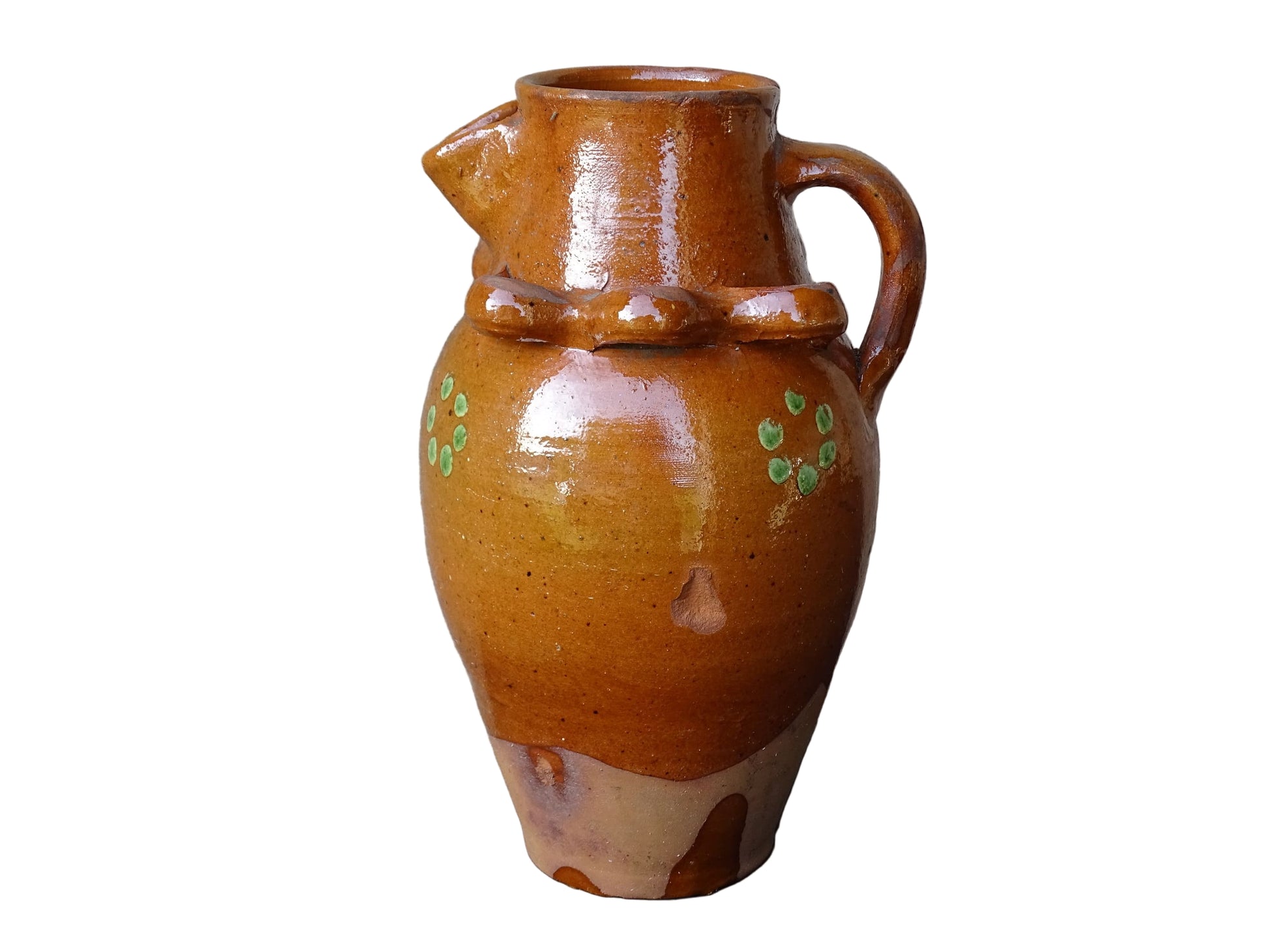 French antique terracotta pitcher from Savoie with orange glaze and yellow dots. Savoyard pottery jug with applied detailing. 