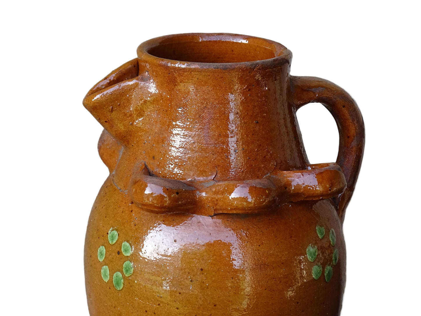 French antique terracotta pitcher from Savoie with orange glaze and yellow dots. Savoyard pottery jug with applied detailing. 