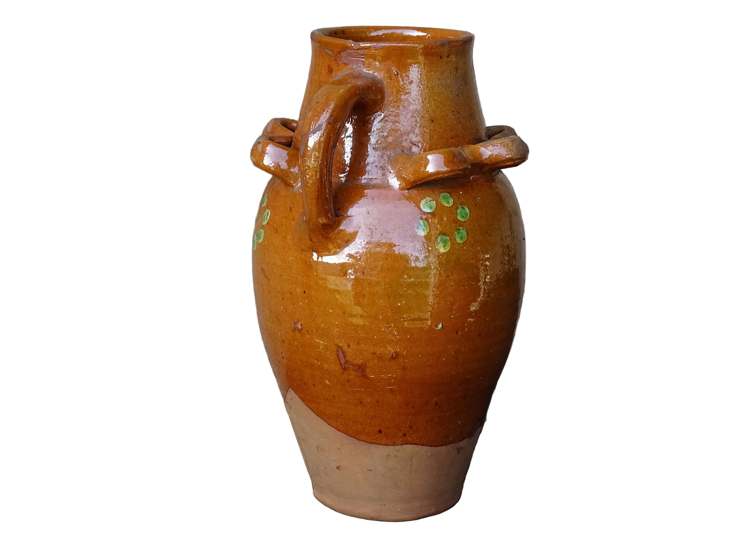 French antique terracotta pitcher from Savoie with orange glaze and yellow dots. Savoyard pottery jug with applied detailing. 