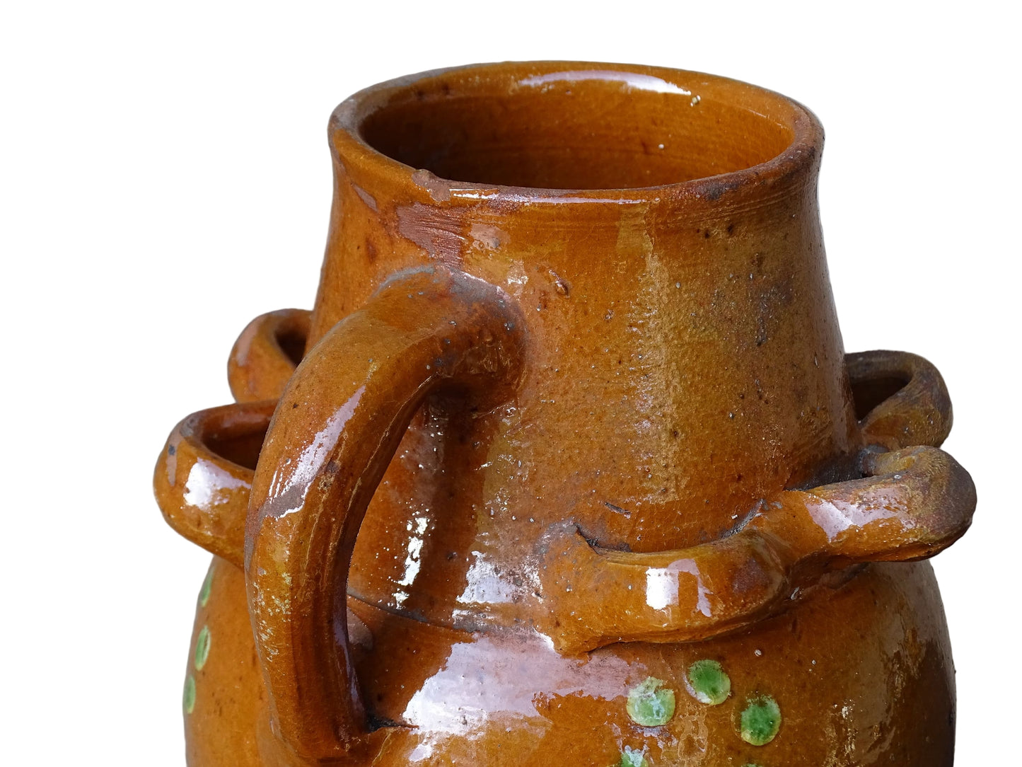 French antique terracotta pitcher from Savoie with orange glaze and yellow dots. Savoyard pottery jug with applied detailing. 