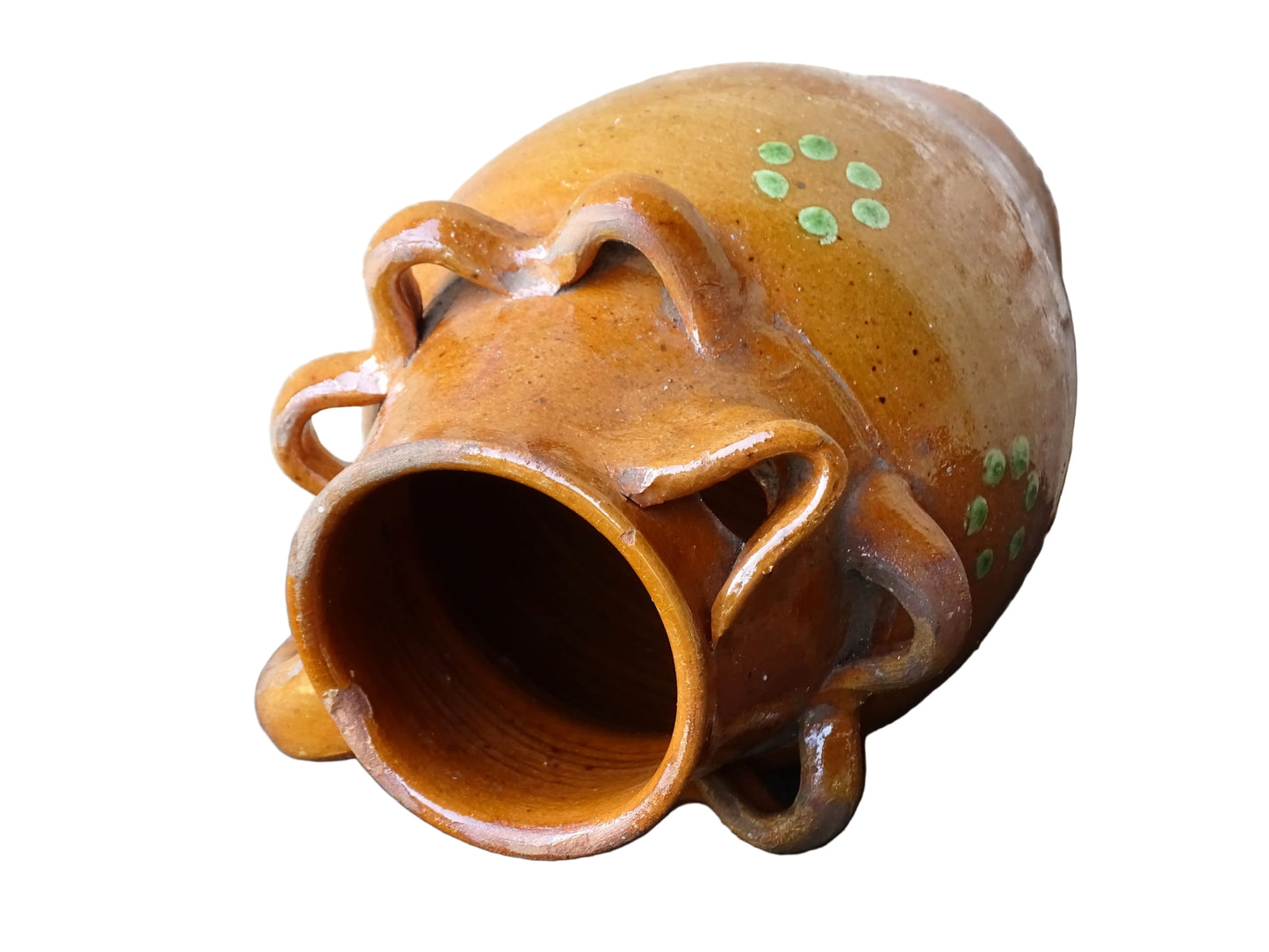 French antique terracotta pitcher from Savoie with orange glaze and yellow dots. Savoyard pottery jug with applied detailing. 