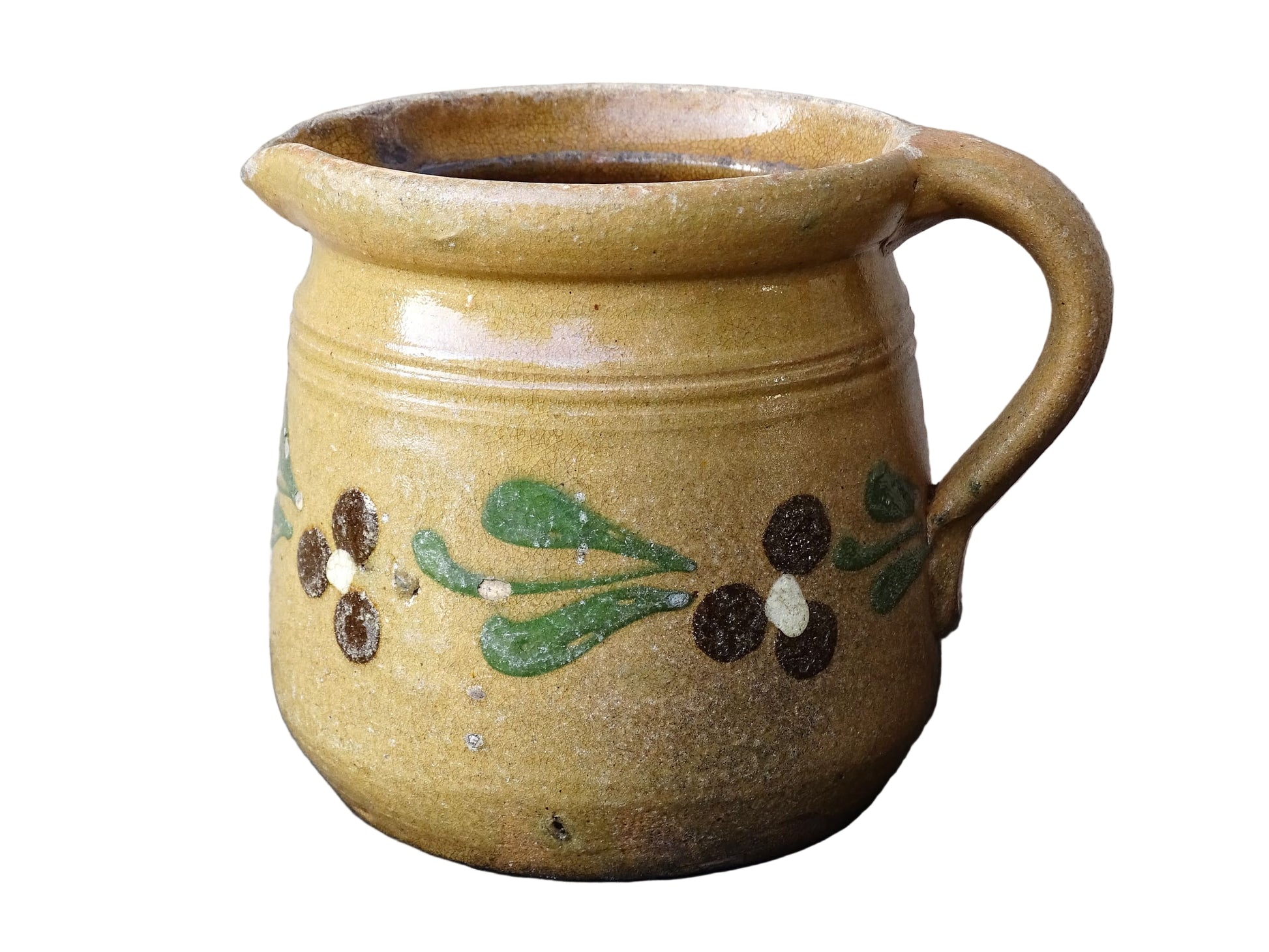 Small French vintage pottery jug from Alsace with flowers. Brown glazed ceramic pitcher. 