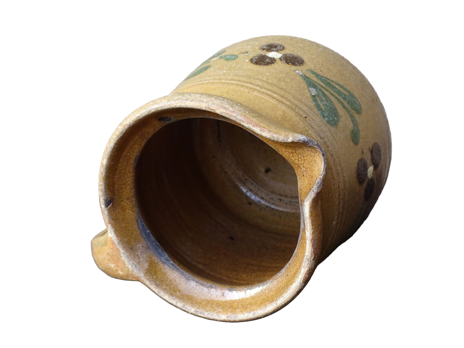 Small French vintage pottery jug from Alsace with flowers. Brown glazed ceramic pitcher. 