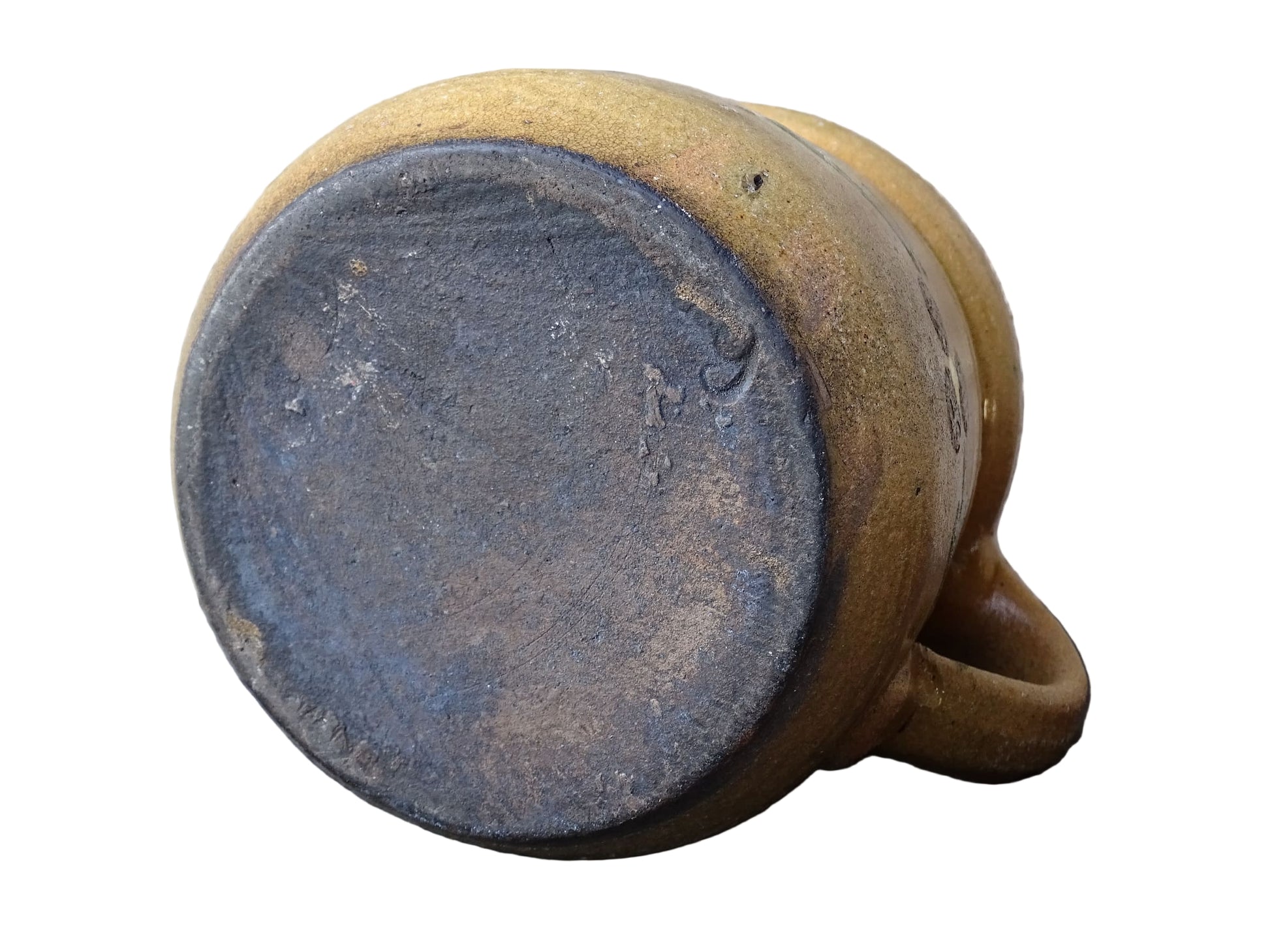 Small French vintage pottery jug from Alsace with flowers. Brown glazed ceramic pitcher. 