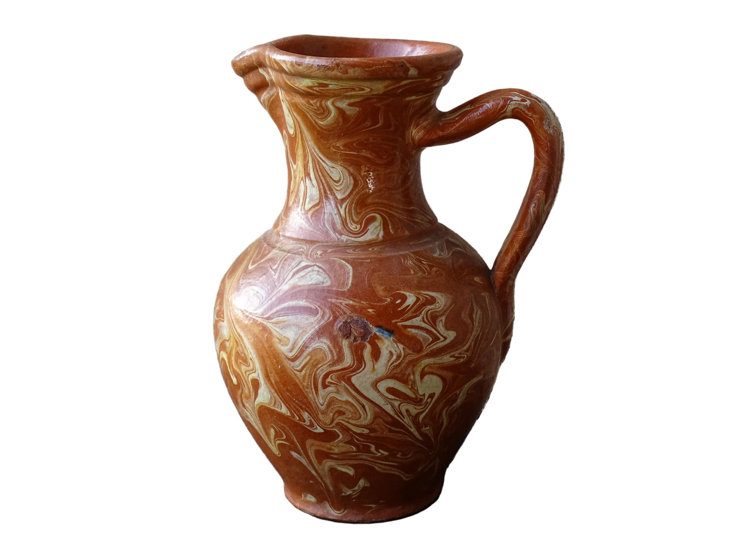 French vintage terracotta pitcher with a marbled glaze. Jaspe glaze ceramic jug.