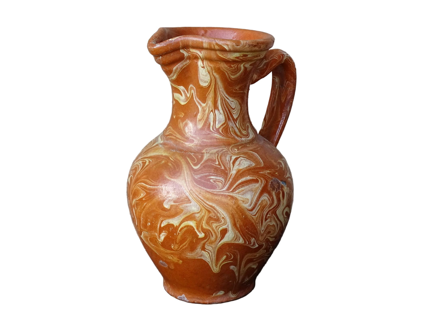 French vintage terracotta pitcher with a marbled glaze. Jaspe glaze ceramic jug.