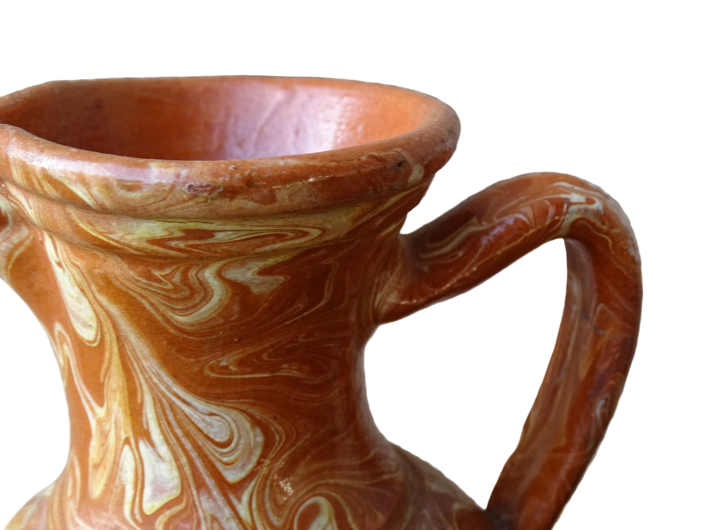 French vintage terracotta pitcher with a marbled glaze. Jaspe glaze ceramic jug.