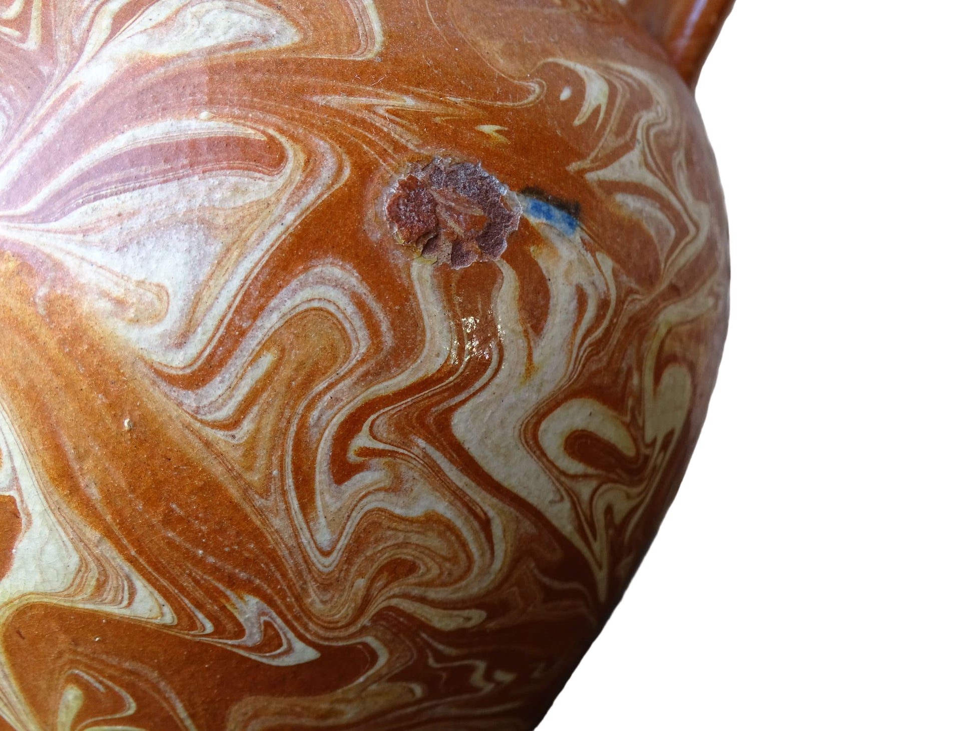 French vintage terracotta pitcher with a marbled glaze. Jaspe glaze ceramic jug.