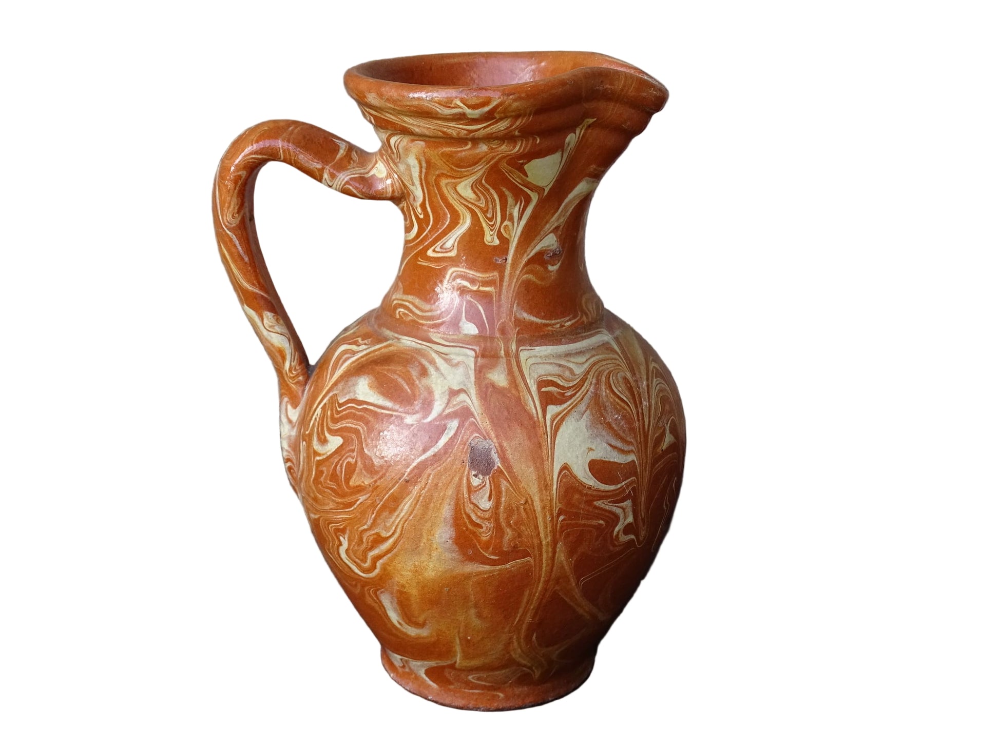 French vintage terracotta pitcher with a marbled glaze. Jaspe glaze ceramic jug.