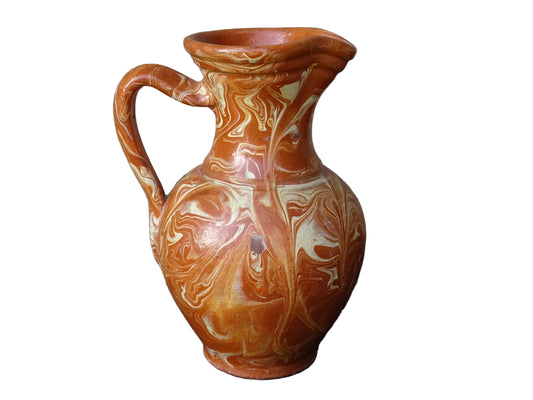 French vintage terracotta pitcher with a marbled glaze. Jaspe glaze ceramic jug.