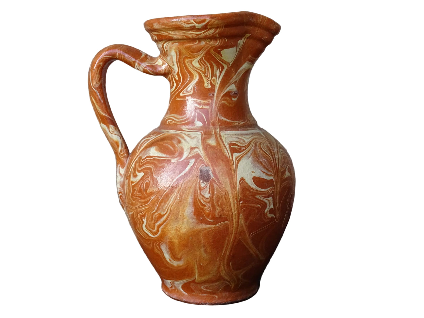 French vintage terracotta pitcher with a marbled glaze. Jaspe glaze ceramic jug.