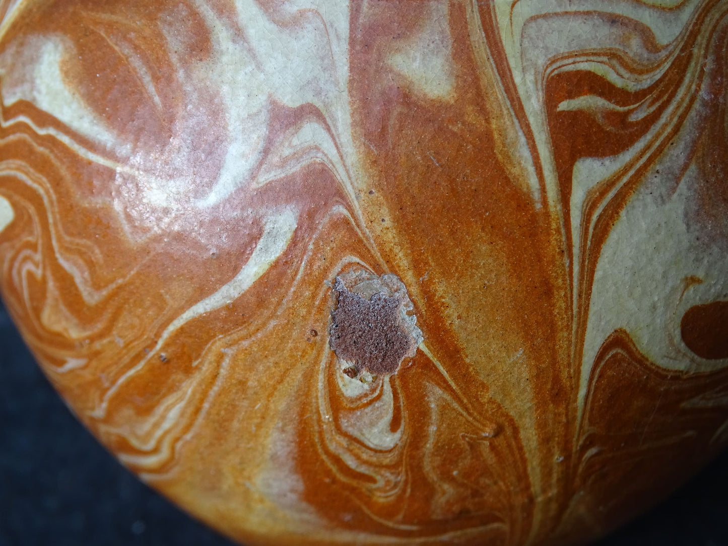 French vintage terracotta pitcher with a marbled glaze. Jaspe glaze ceramic jug.