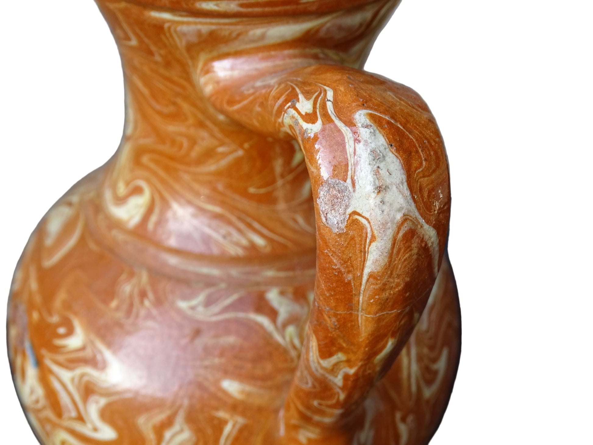 French vintage terracotta pitcher with a marbled glaze. Jaspe glaze ceramic jug.