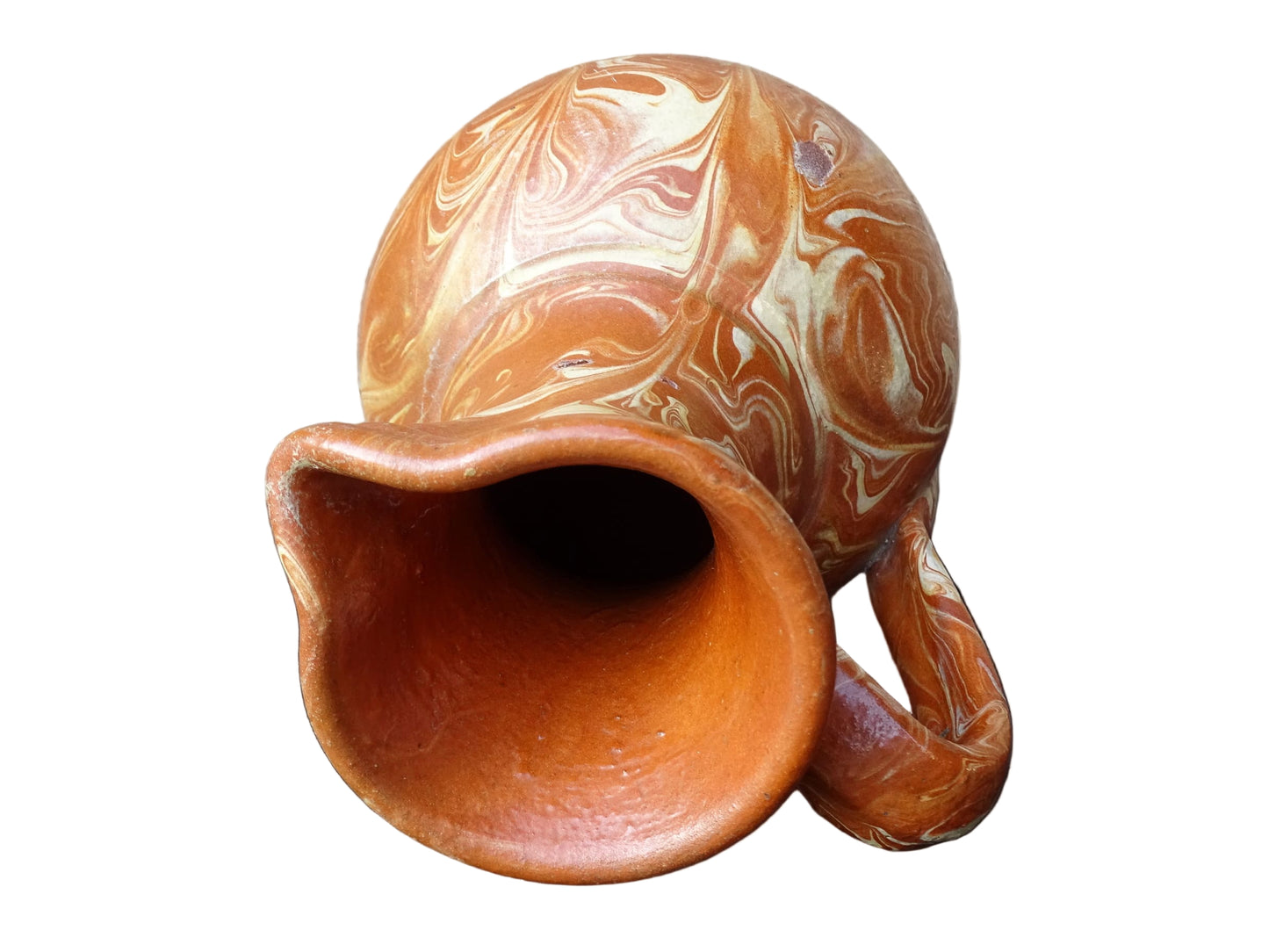 French vintage terracotta pitcher with a marbled glaze. Jaspe glaze ceramic jug.