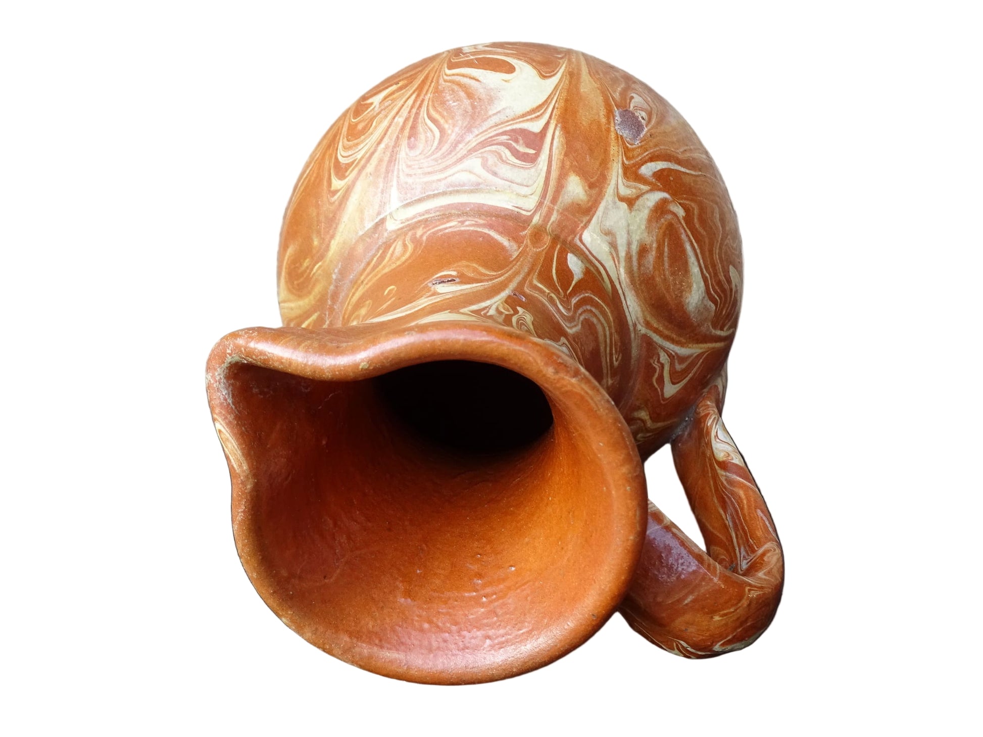 French vintage terracotta pitcher with a marbled glaze. Jaspe glaze ceramic jug.