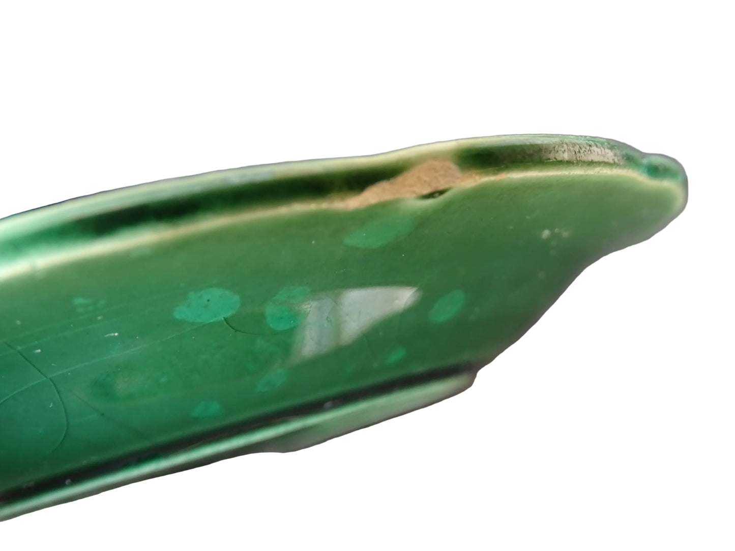 Set of 10 vintage coffee cups by Gien in the Primefleur design with leaf patterns. Green glazed ceramic cups and saucers. Barbotine or majolica cups. 