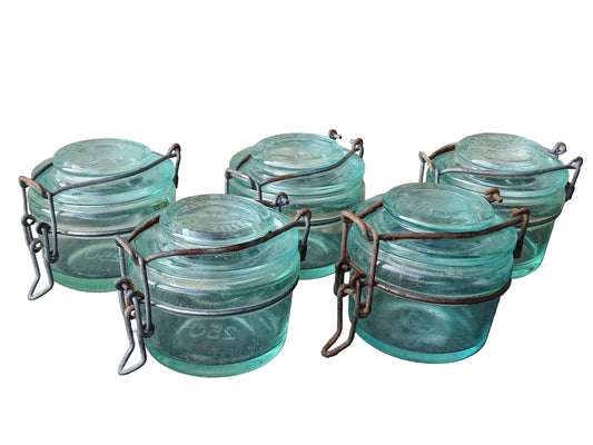 Set of 5 French vintage glass preserving jars by L'Ideale in 250ml size. Aqua blue glass jars.