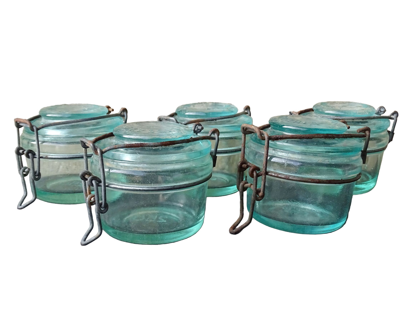 Set of 5 French vintage glass preserving jars by L'Ideale in 250ml size. Aqua blue glass jars.