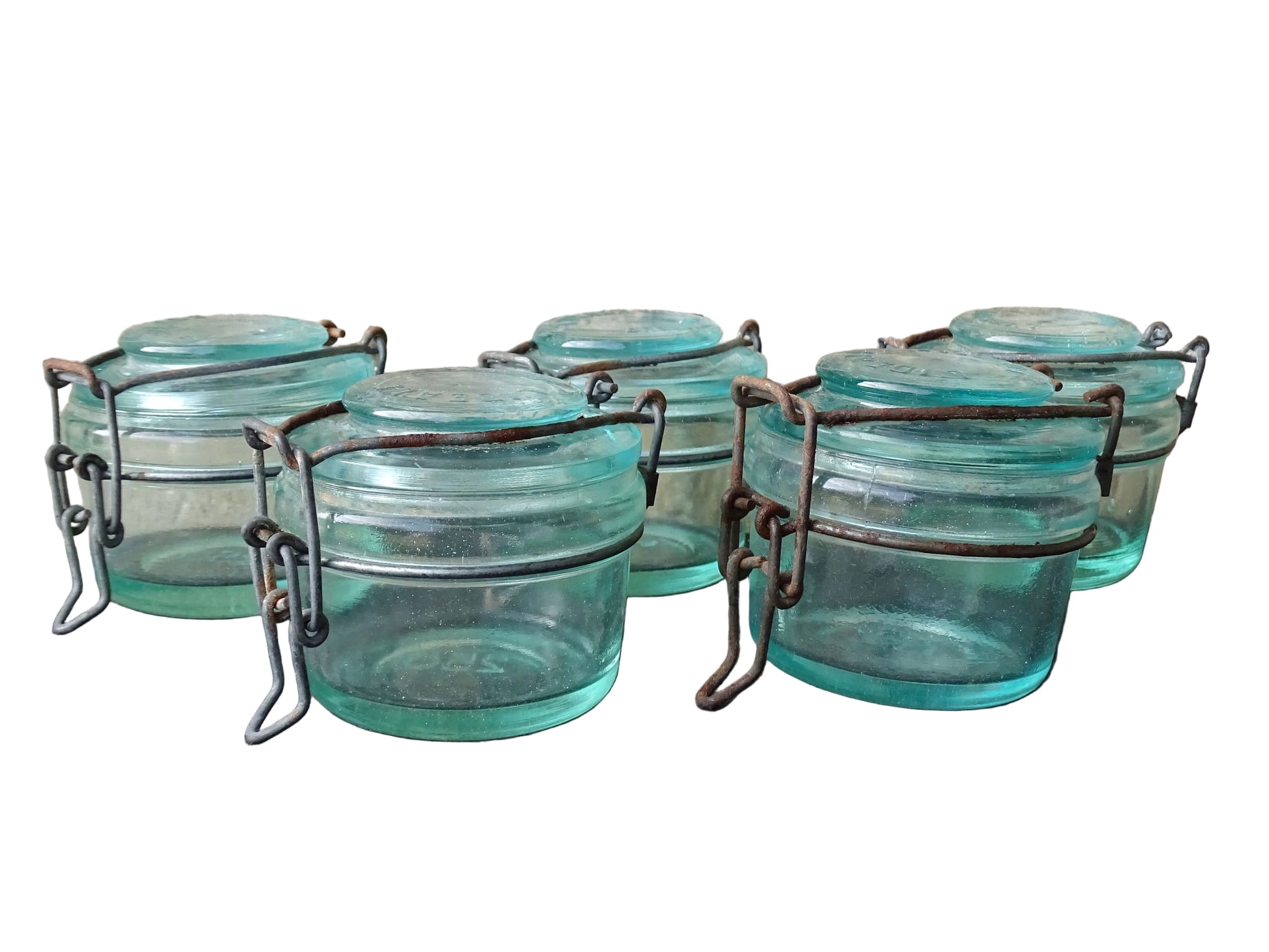 Set of 5 French vintage glass preserving jars by L'Ideale in 250ml size. Aqua blue glass jars.