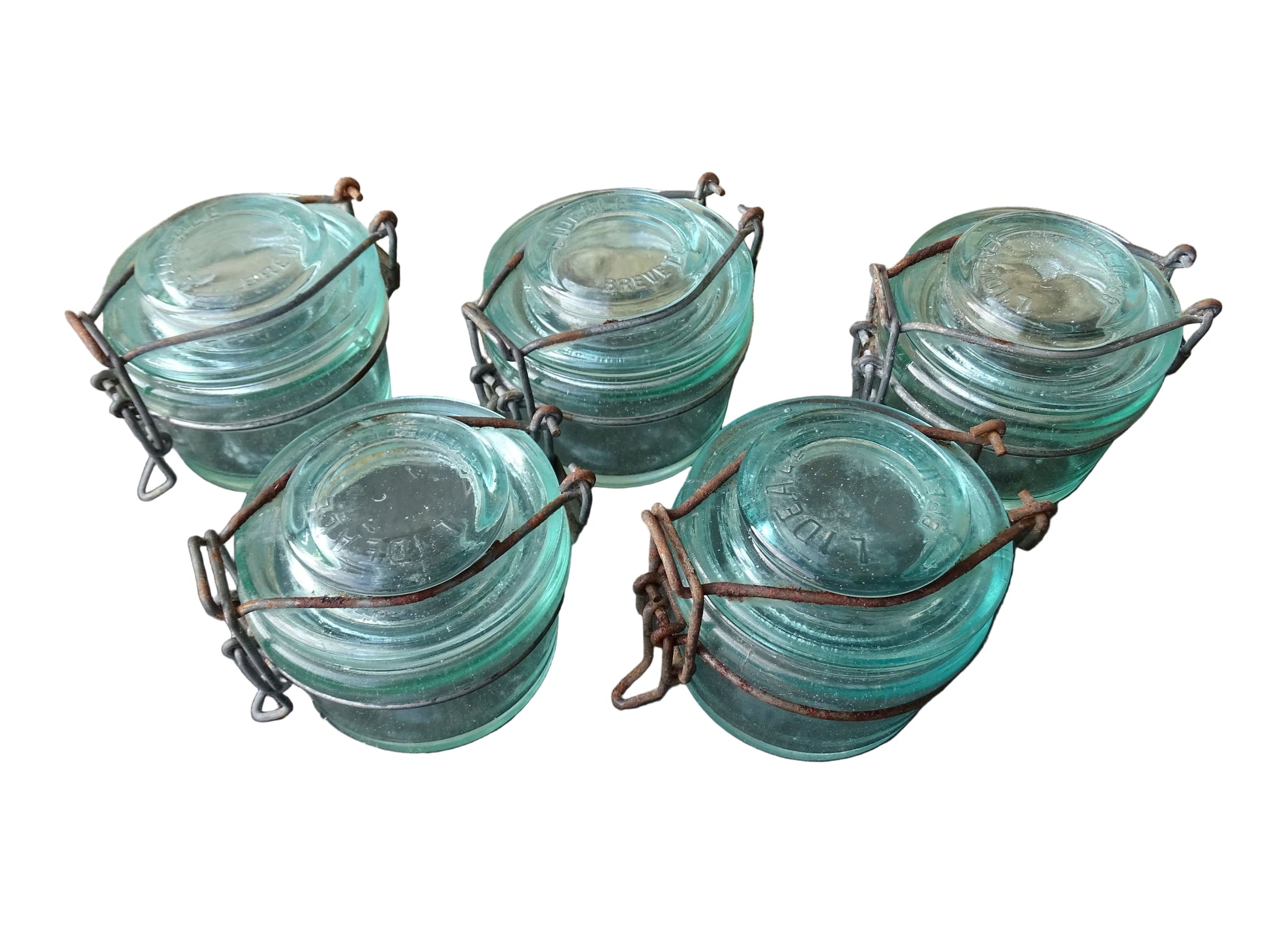 Set of 5 French vintage glass preserving jars by L'Ideale in 250ml size. Aqua blue glass jars.