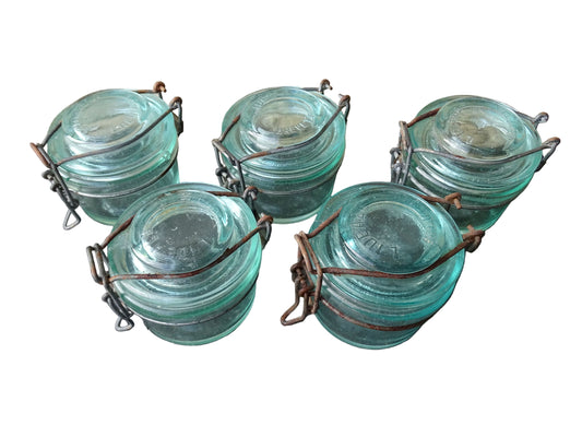 Set of 5 French vintage glass preserving jars by L'Ideale in 250ml size. Aqua blue glass jars.