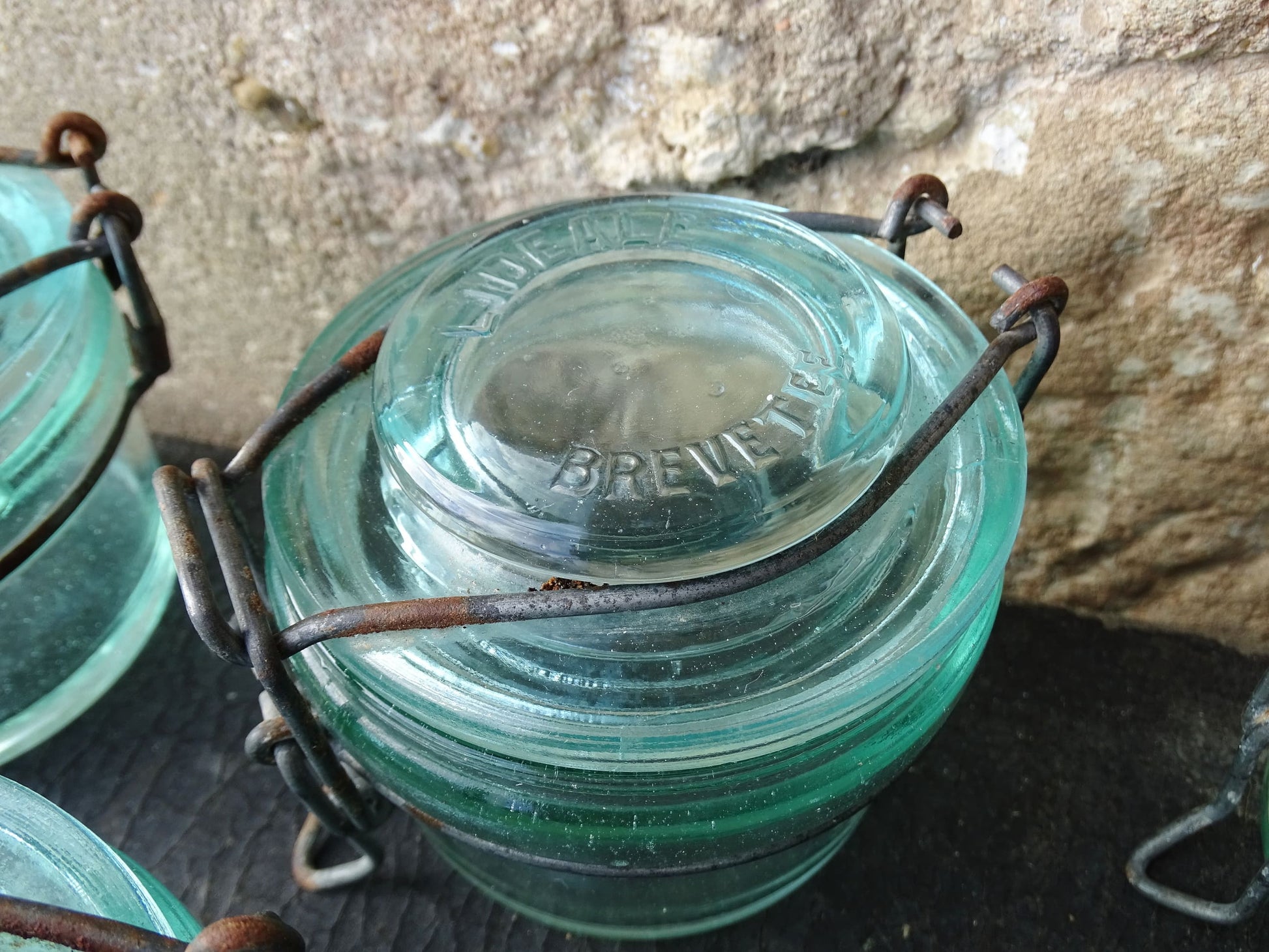 Set of 5 French vintage glass preserving jars by L'Ideale in 250ml size. Aqua blue glass jars.