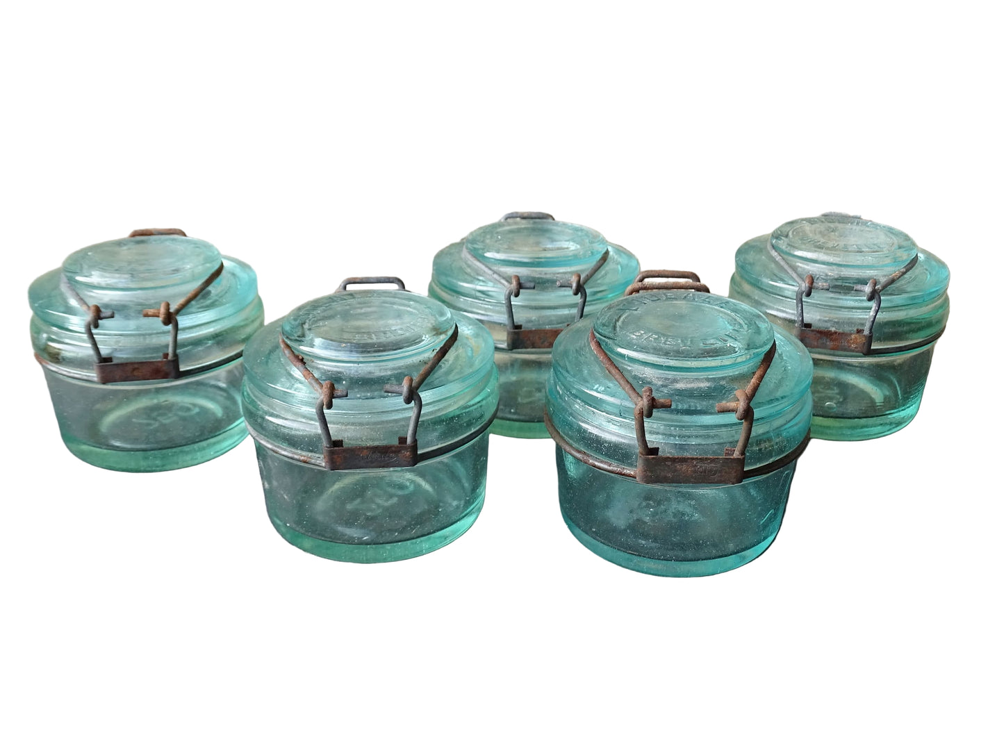Set of 5 French vintage glass preserving jars by L'Ideale in 250ml size. Aqua blue glass jars.