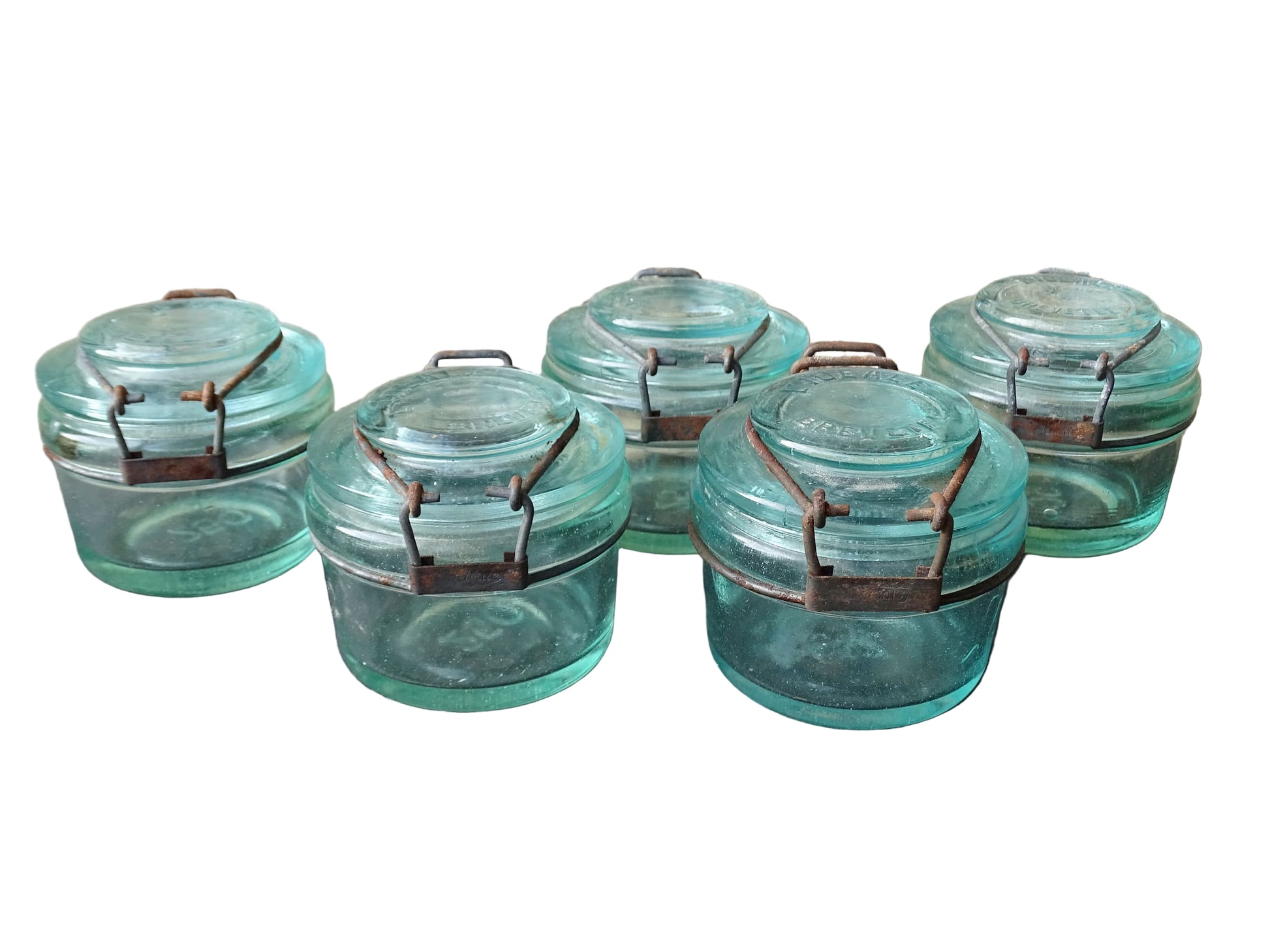 Set of 5 French vintage glass preserving jars by L'Ideale in 250ml size. Aqua blue glass jars.