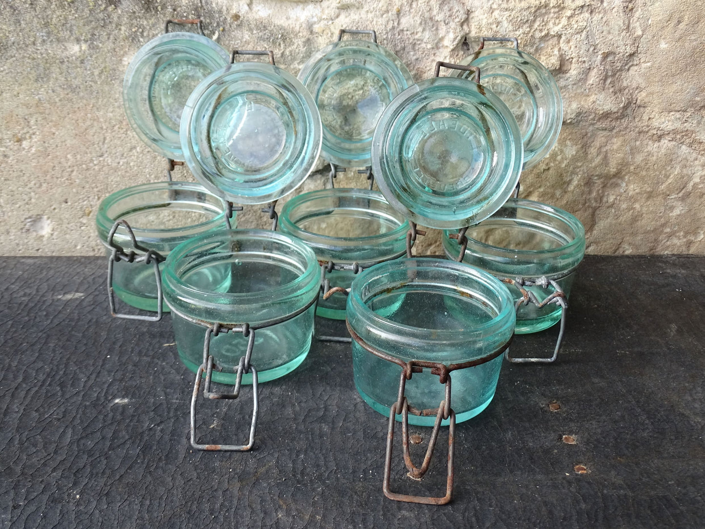 Set of 5 French vintage glass preserving jars by L'Ideale in 250ml size. Aqua blue glass jars.