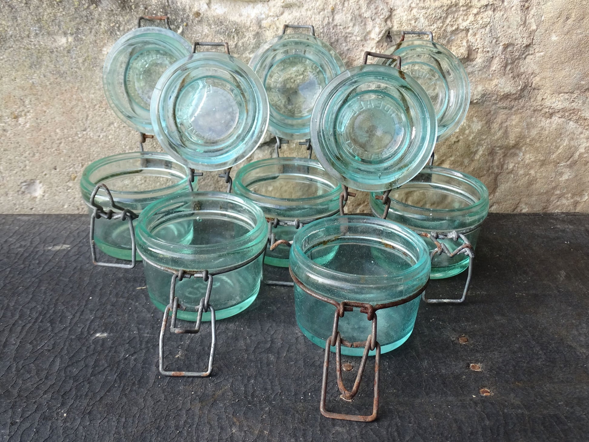 Set of 5 French vintage glass preserving jars by L'Ideale in 250ml size. Aqua blue glass jars.