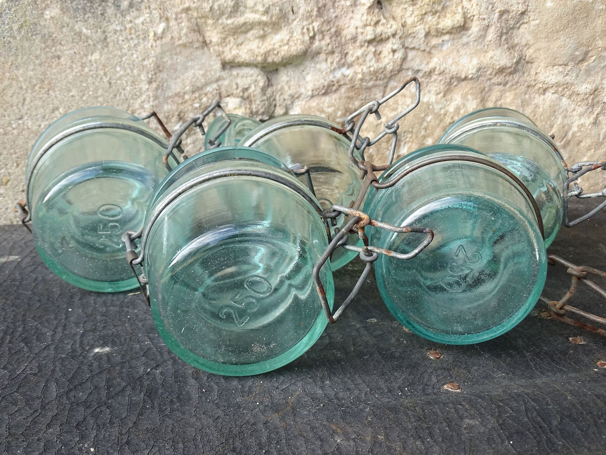 Set of 5 French vintage glass preserving jars by L'Ideale in 250ml size. Aqua blue glass jars.