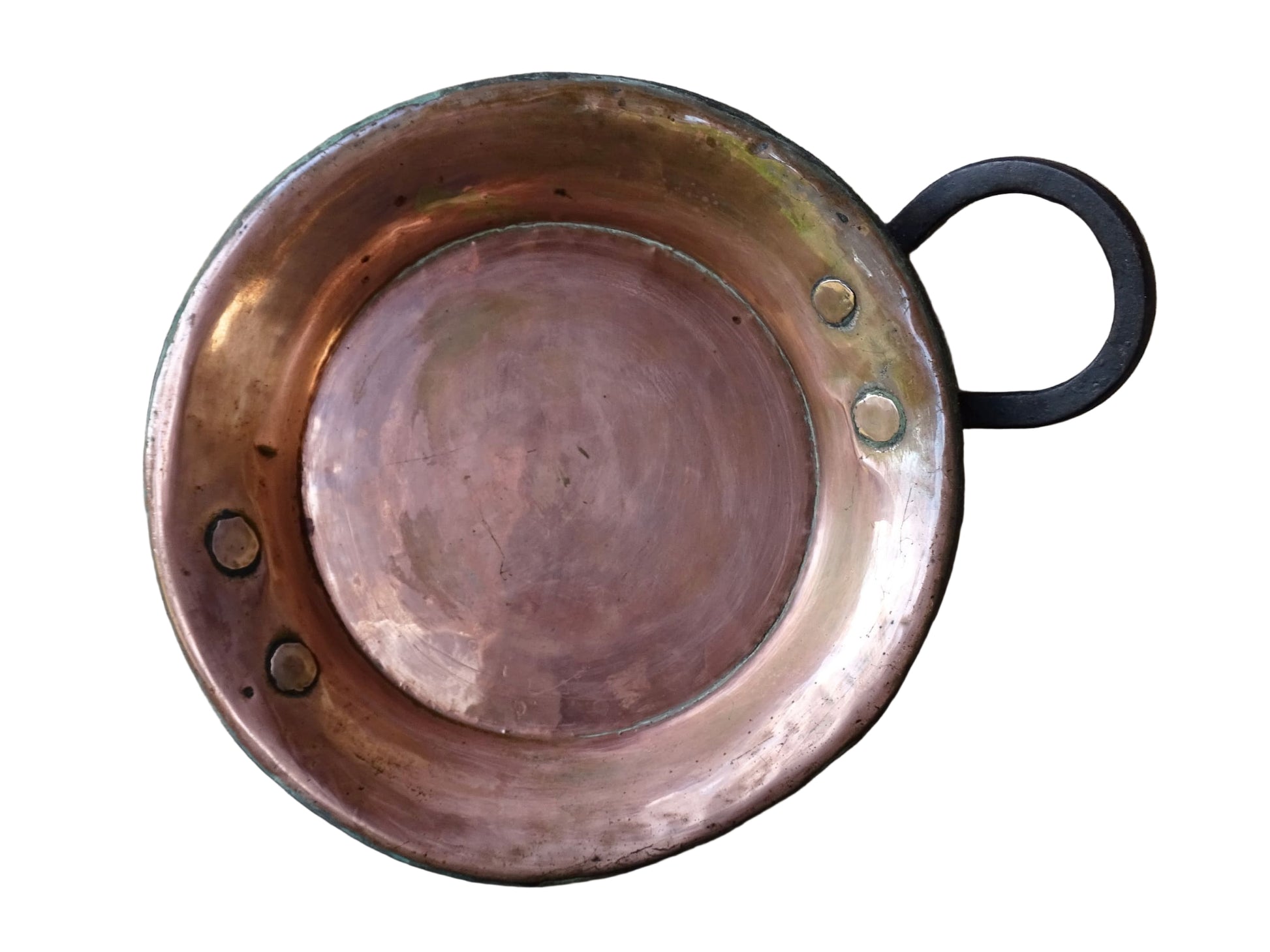 French antique copper pan with a wrought iron handle. 