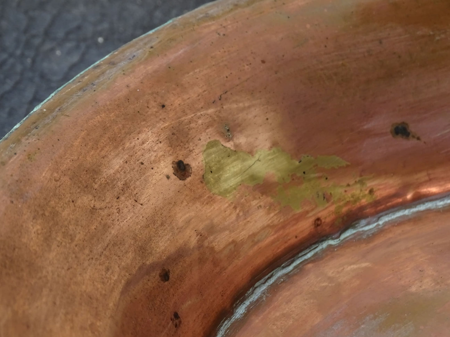 French antique copper pan with a wrought iron handle. 