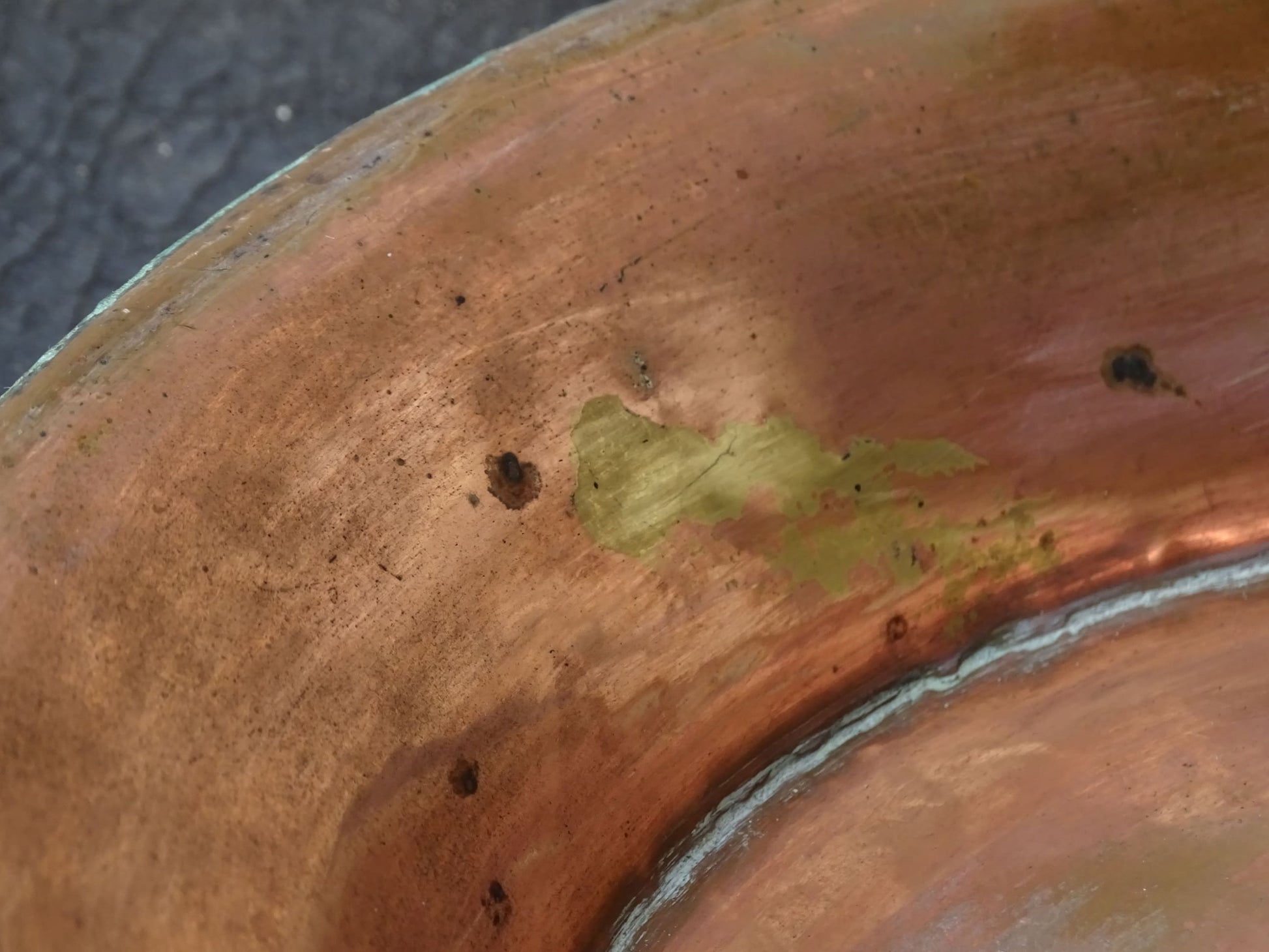 French antique copper pan with a wrought iron handle. 
