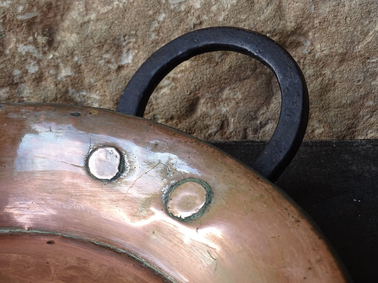 French antique copper pan with a wrought iron handle. 
