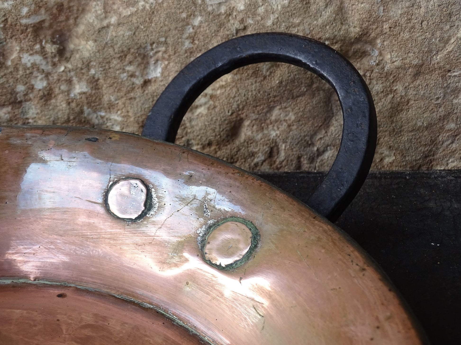French antique copper pan with a wrought iron handle. 